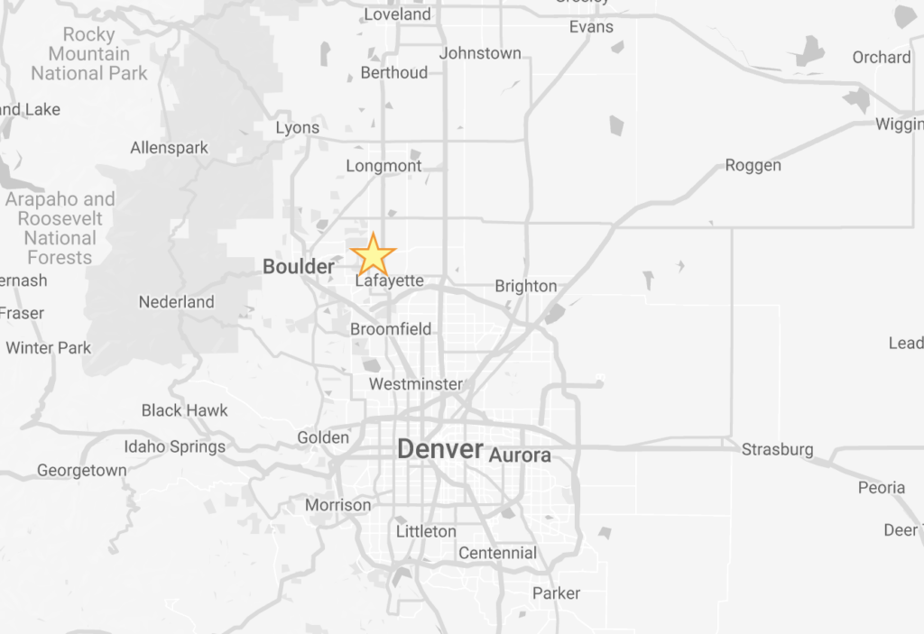 Map showing a star near Lafayette in Boulder County, Colorado.